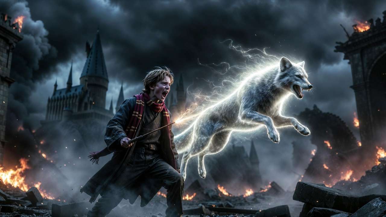 Seamus Finnigan conjuring silver fox Patronus during the Battle of Hogwarts, heroic stand against Dementors