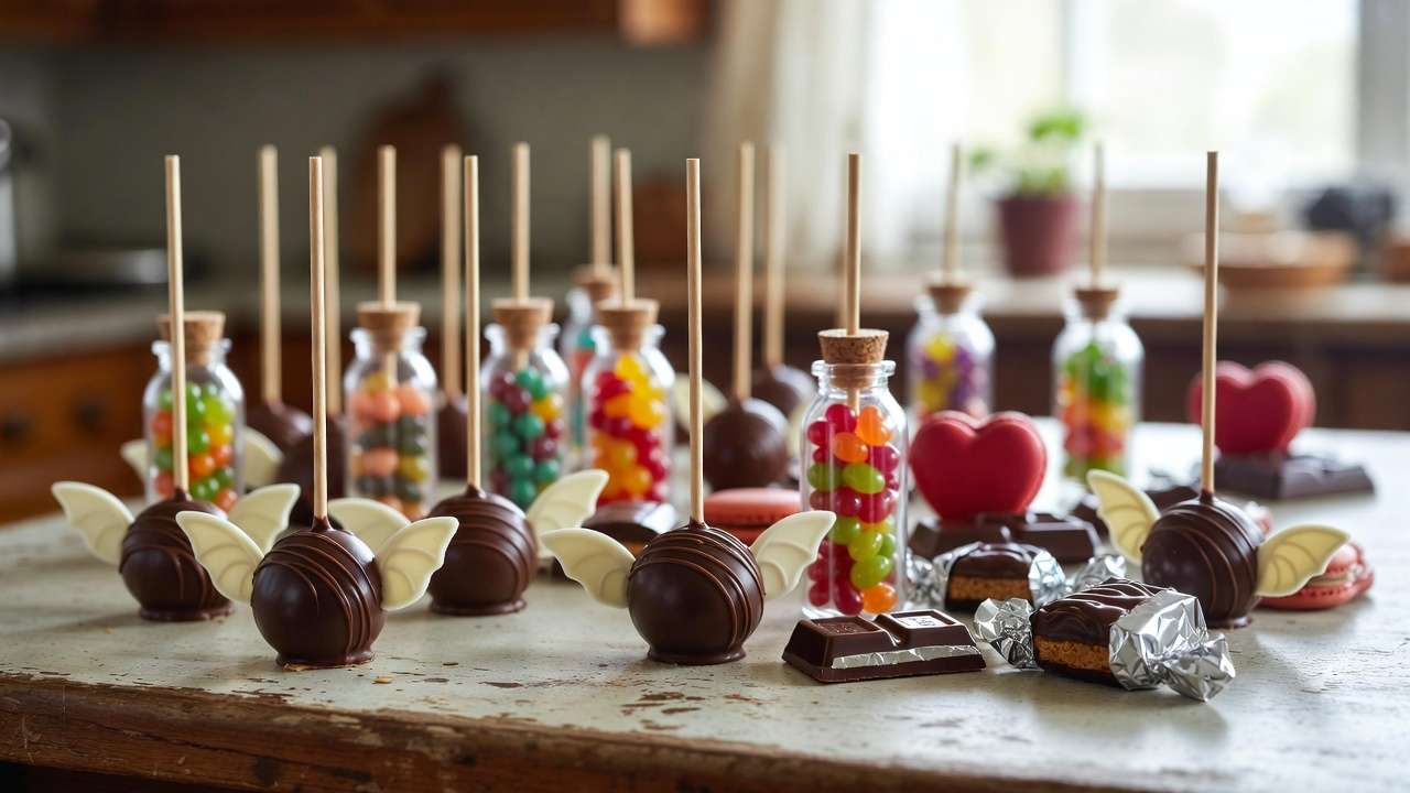 DIY Harry Potter Valentine treats including Golden Snitch cake pops, Chocolate Frogs, and potion bottle jelly beans