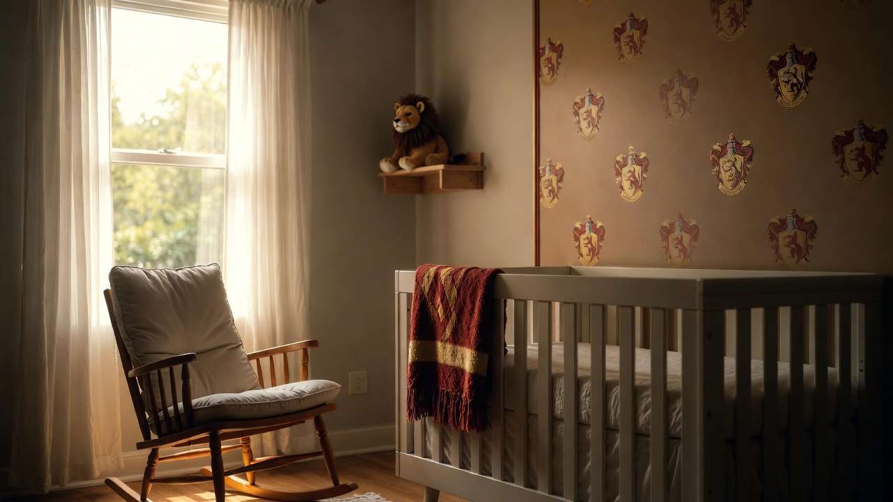 Gryffindor-inspired Harry Potter nursery with red gold accents and cozy crib setup