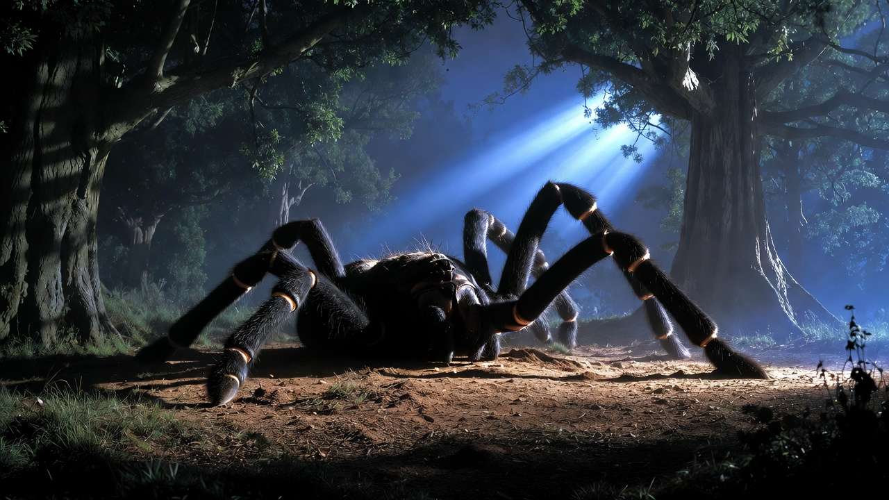 Aragog's massive Acromantula colony lair in the Forbidden Forest with hundreds of spiders and thick webs