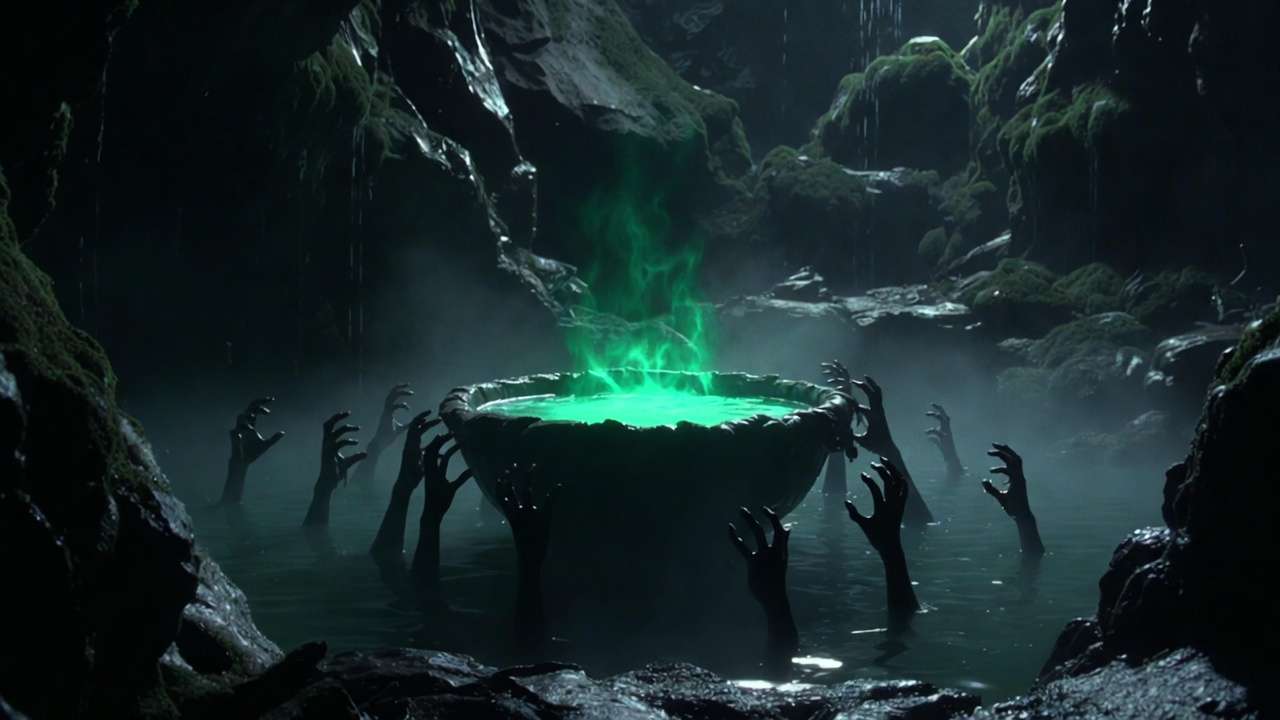 Inferi and green potion basin in Voldemort cave Harry Potter