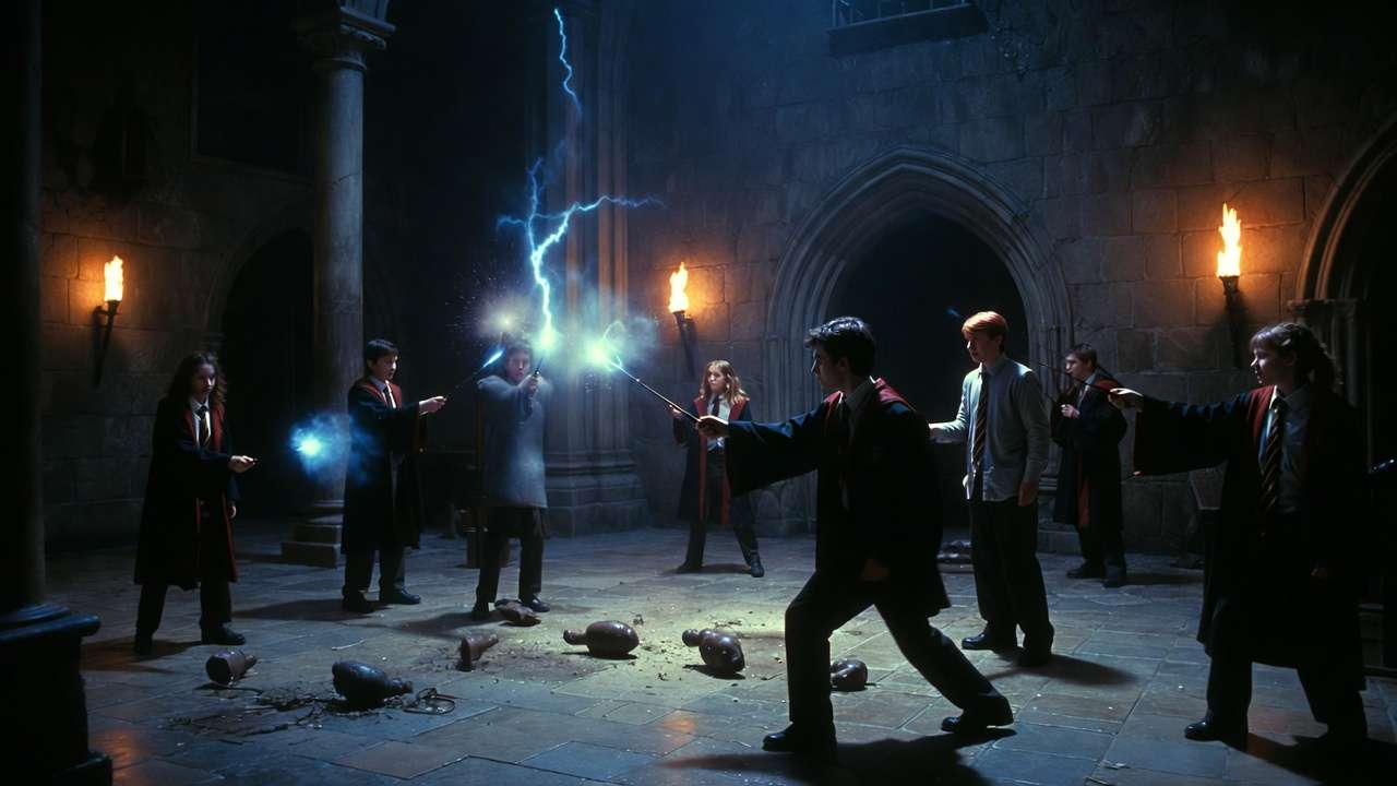 Dumbledore's Army training scene in Harry Potter and the Order of the Phoenix, emphasizing themes of rebellion and character growth.