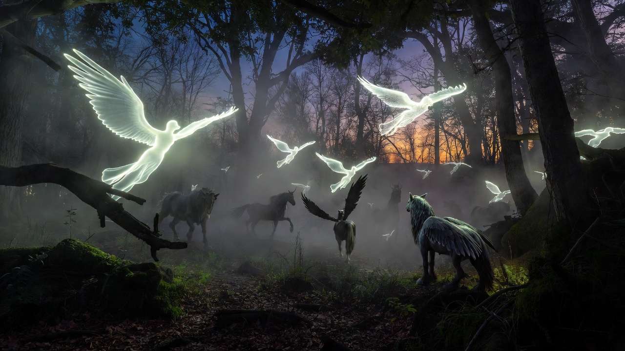 Magical clearing with Hippogriff, unicorn and glowing Patronuses in Harry Potter Forbidden Forest Experience at night