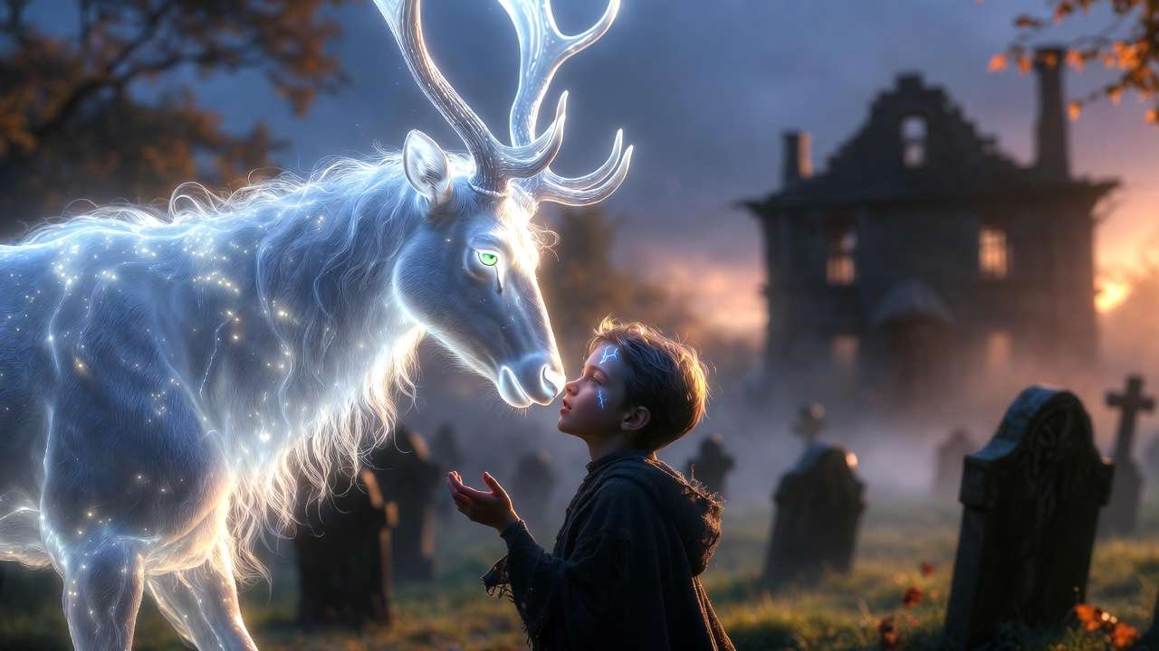 Lily Potter’s doe Patronus protecting young Harry Potter, symbol of maternal love and legacy