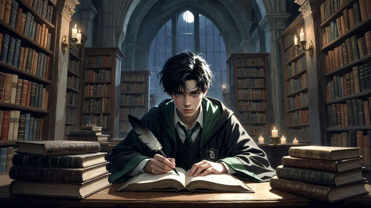 Theodore Nott depicted as an intelligent, solitary Slytherin student studying alone in Hogwarts library