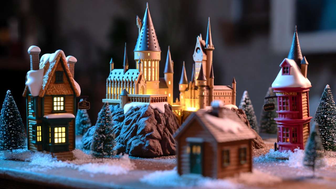 Beginner Department 56 Harry Potter Village starter set with Hogwarts Castle, Hogsmeade shops, and glowing lights on snowy display