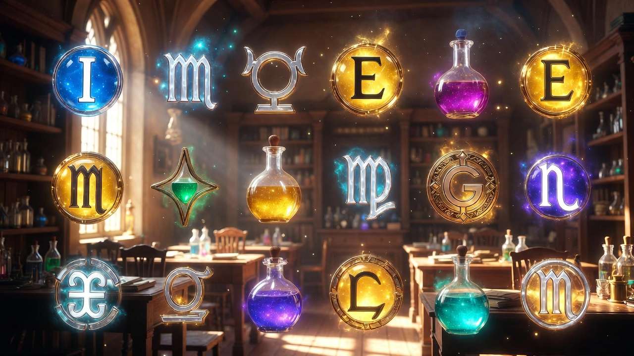 Harry Potter themed MBTI personality types icons in Hogwarts setting