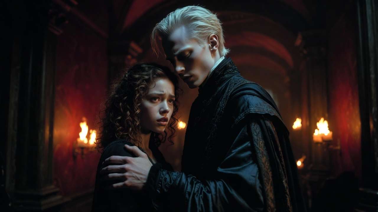 Draco Malfoy as the High Reeve with captive Hermione in a tense emotional moment from Manacled Dramione fanfic