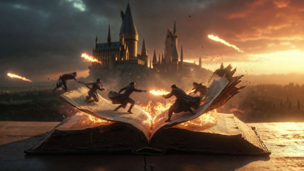Open Harry Potter book pages turning into epic battle longer story payoff
