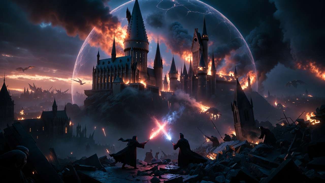 Intense Battle of Hogwarts climax from Harry Potter and the Deathly Hallows Part 2, highlighting the epic finale and high critical acclaim.