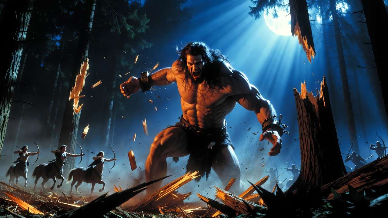 Grawp breaking free and charging centaurs in the Forbidden Forest to protect Harry and Hermione