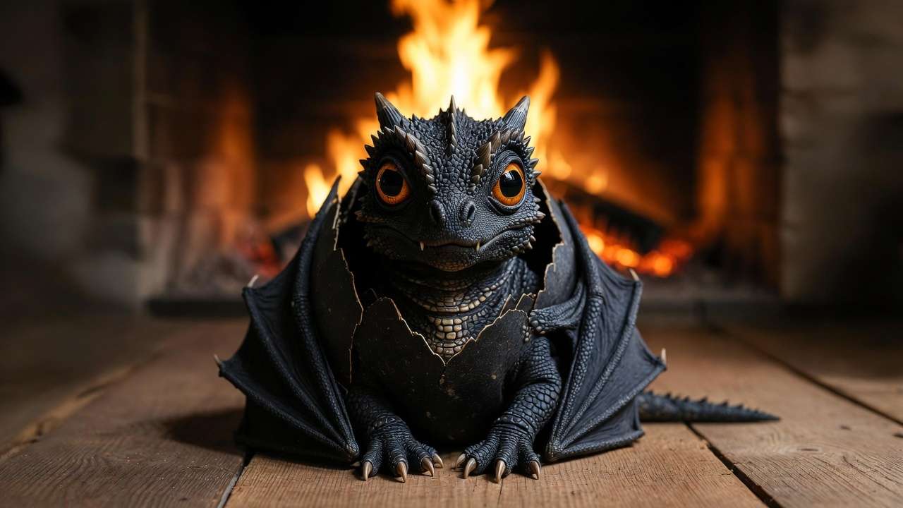 Newborn Norbert the Norwegian Ridgeback dragon hatching in Hagrid's hut, Harry Potter