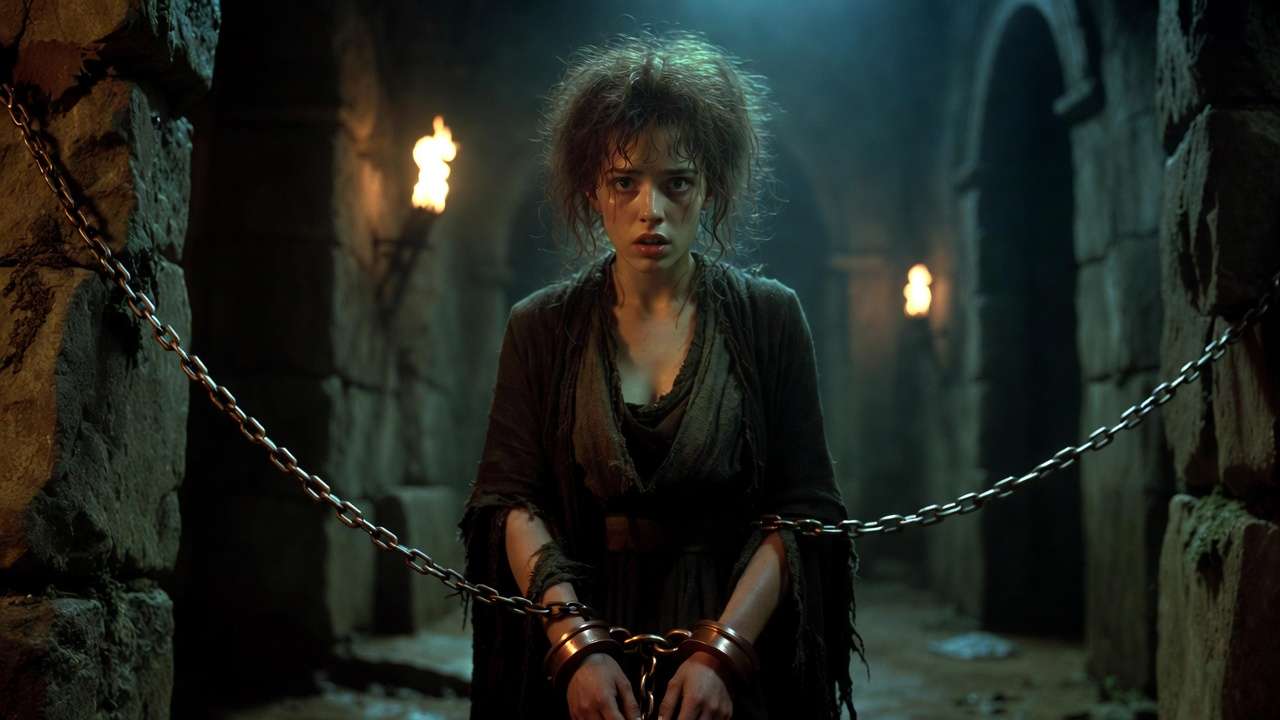 Hermione Granger bound by enchanted manacles in a dystopian Hogwarts prison cell from Manacled fanfiction