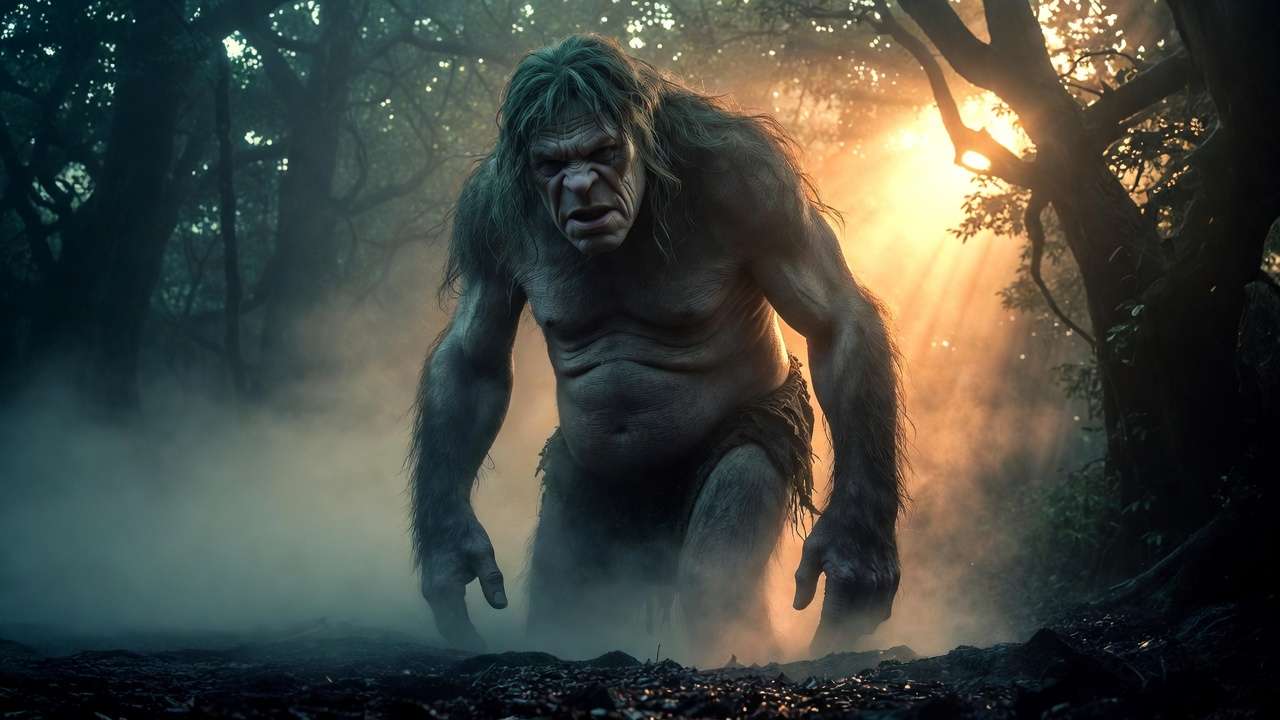 Grawp the giant standing in the Forbidden Forest, showing his massive size and gentle expression as Hagrid's half-brother