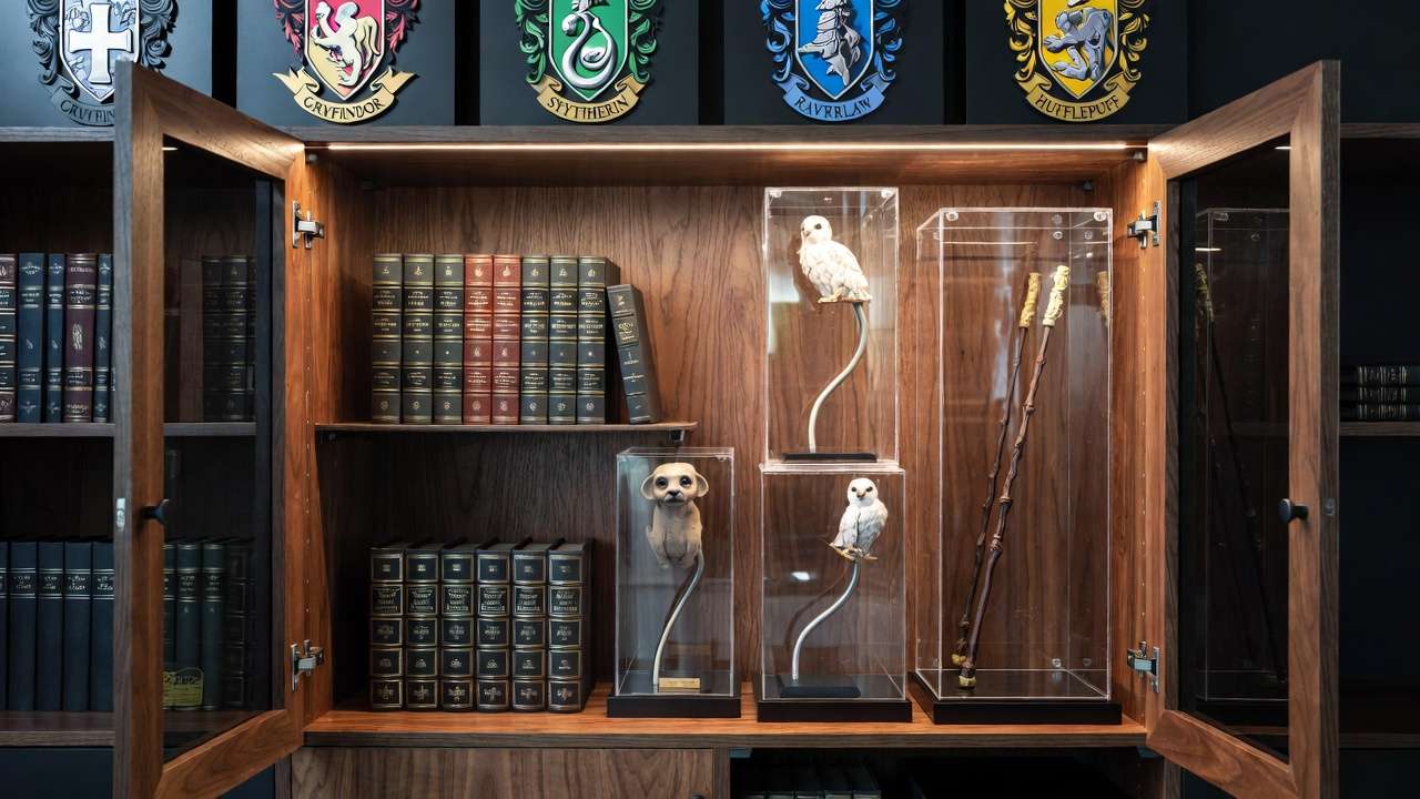 Proper storage and display setup for preserving Harry Potter memorabilia collection including wands and books