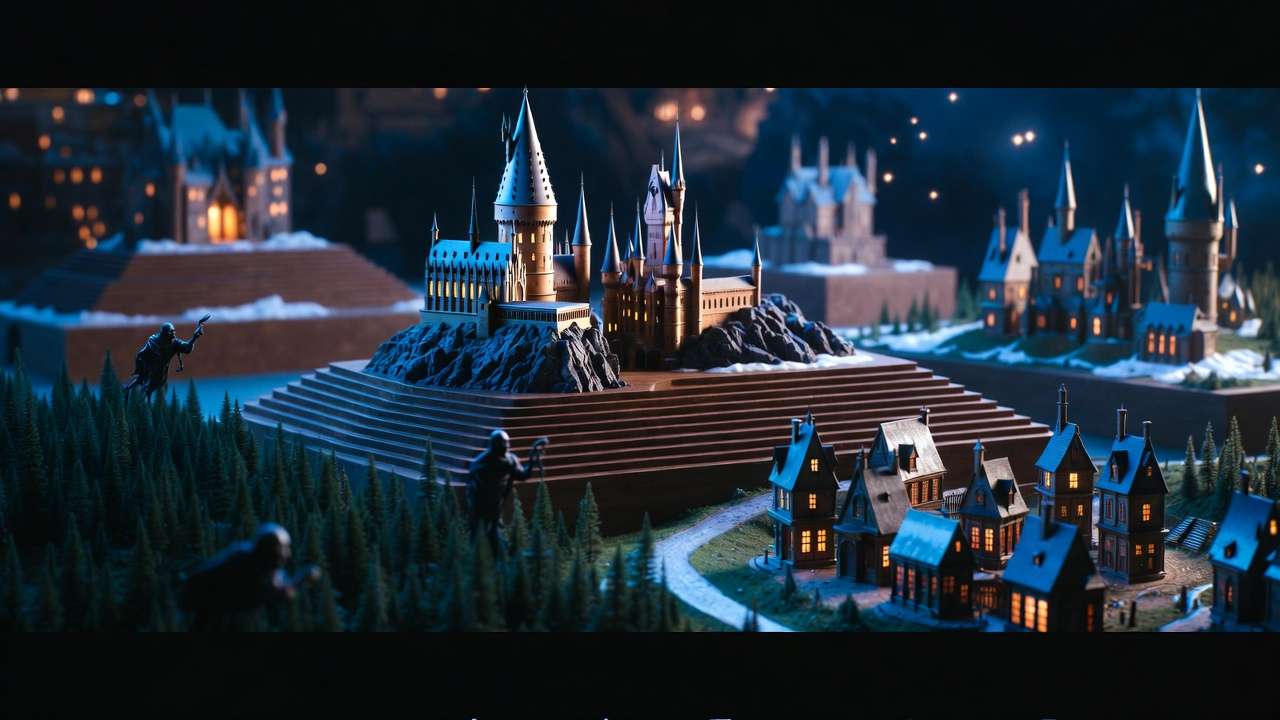 Advanced multi-level Department 56 Harry Potter Village display featuring Hogwarts, Hogsmeade, and Forbidden Forest theme