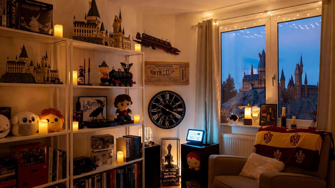 Inspiring Harry Potter memorabilia collection room with LEGO sets, wands, statues and house decor