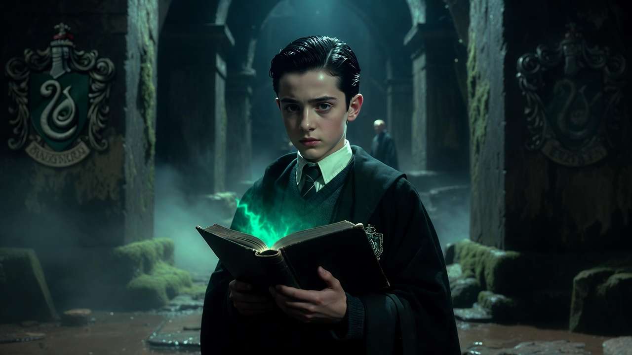 Young Tom Riddle holding the enchanted diary in the Chamber of Secrets, first Horcrux reveal