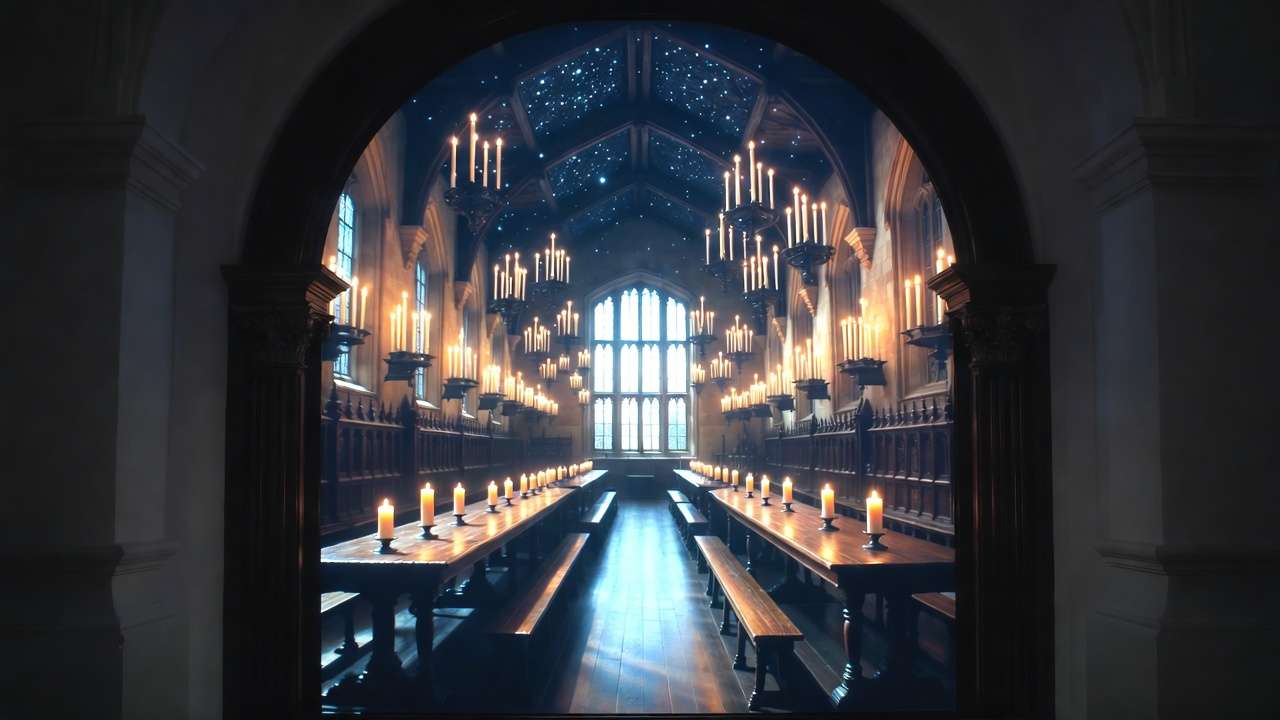 Close-up of Pottery Barn Harry Potter mirror hologram displaying the enchanted Great Hall with floating candles.