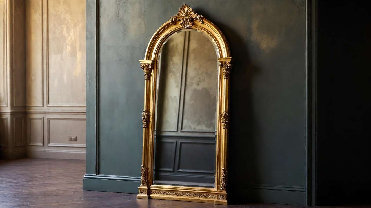Pottery Barn Harry Potter Mirror of Erised floor-length gilded mirror in elegant home setting.
