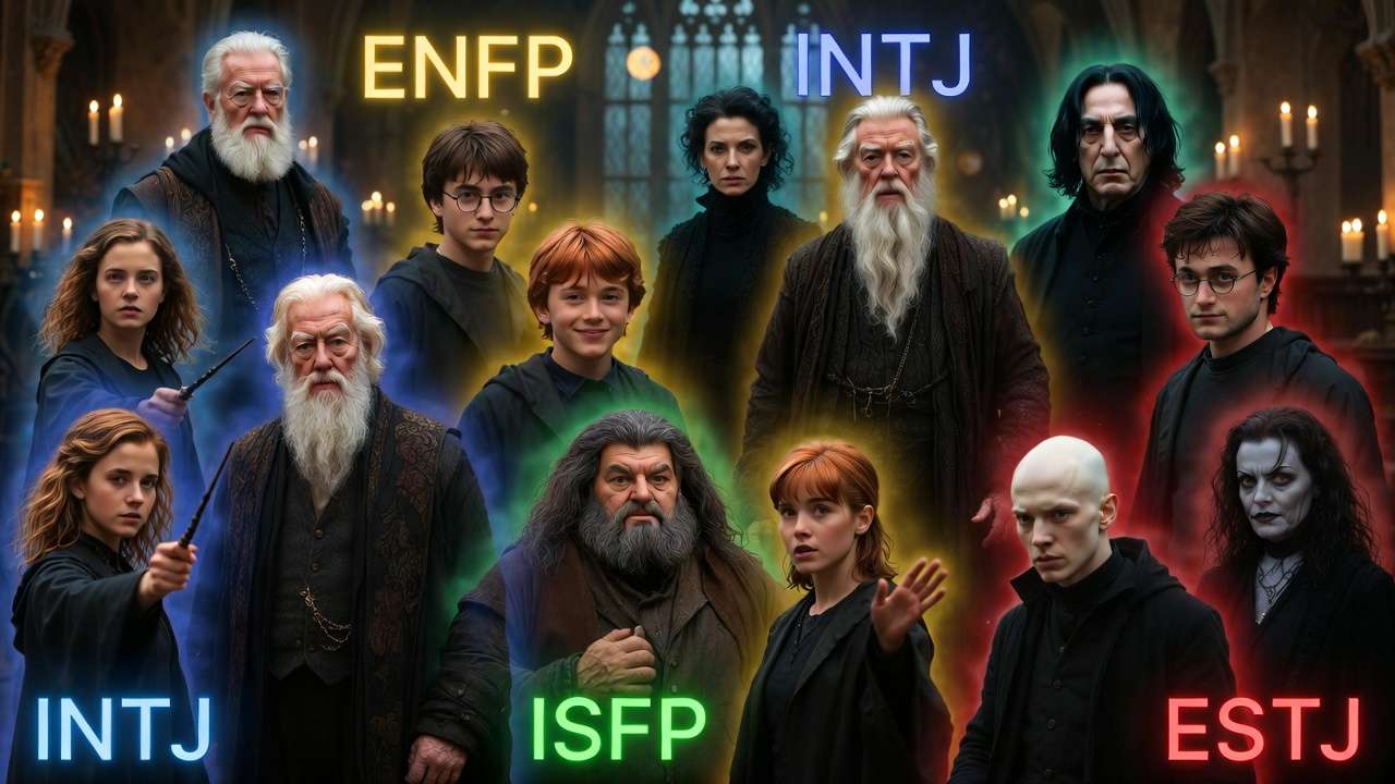 Harry Potter major characters grouped by MBTI types in Hogwarts hall