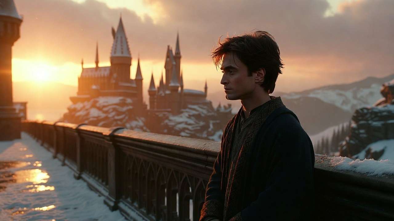 Reflective Daniel Radcliffe as Harry Potter on Hogwarts bridge at sunset, representing lasting legacy of Harry Potter earnings