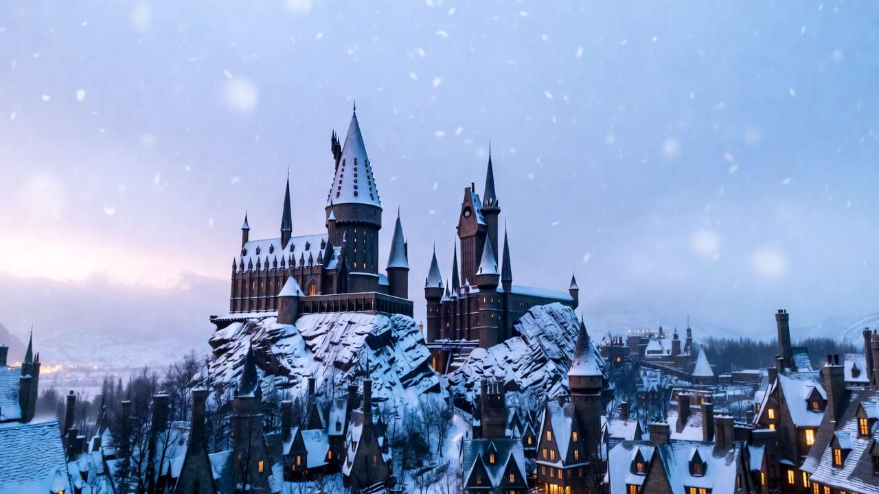 Panoramic snowy Hogwarts Castle and Hogsmeade, representing the massive Harry Potter franchise scale and earnings
