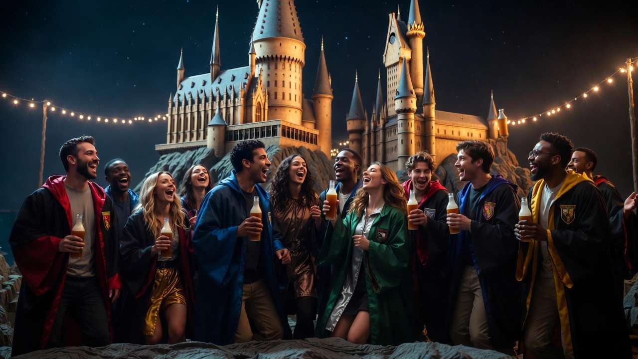 Diverse Potterhead friends celebrating International Harry Potter Day in front of Hogwarts castle
