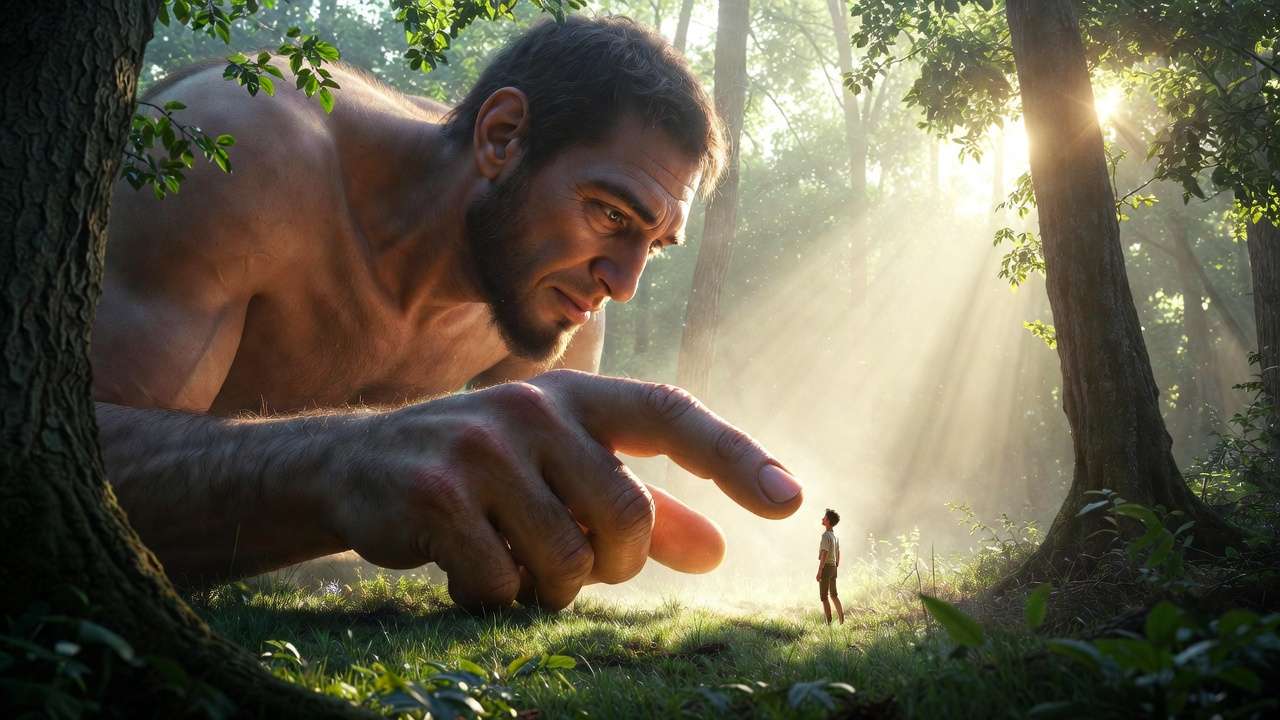 Grawp gently reaching toward Hermione in the Forbidden Forest, highlighting the movie's softer and more comedic depiction