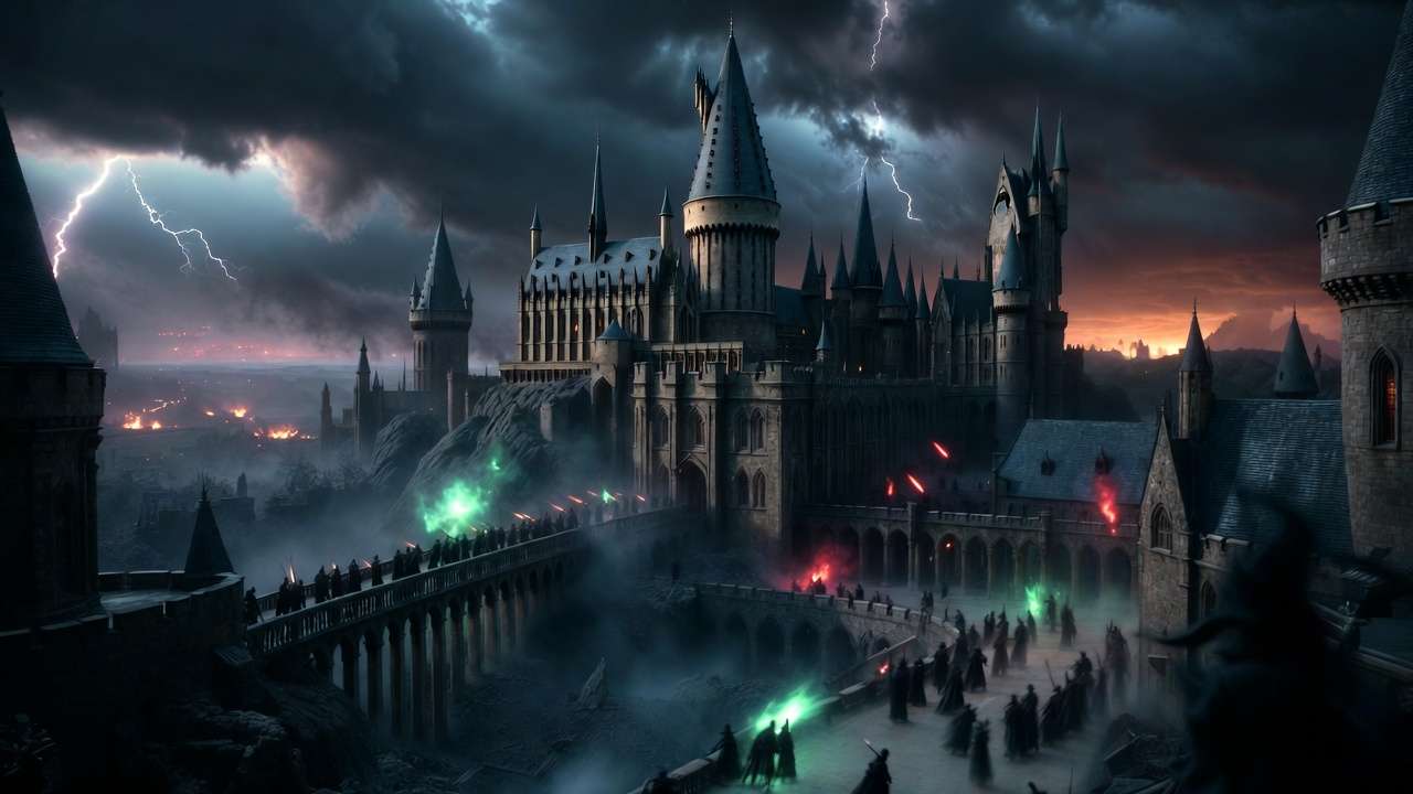 Battle of Hogwarts nighttime duel scene with spells lighting up the castle grounds