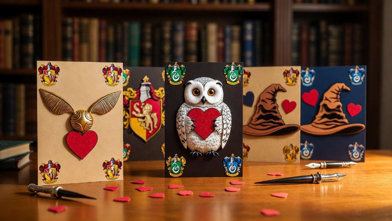 Assortment of handmade Harry Potter Valentine cards with Hedwig, Golden Snitch, and house crests for classroom exchanges
