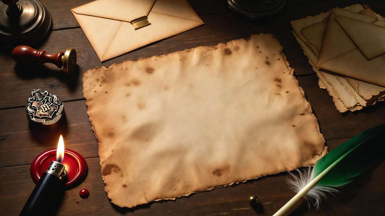 DIY crafting setup for making a realistic Hogwarts acceptance letter with parchment, wax seal, and quill