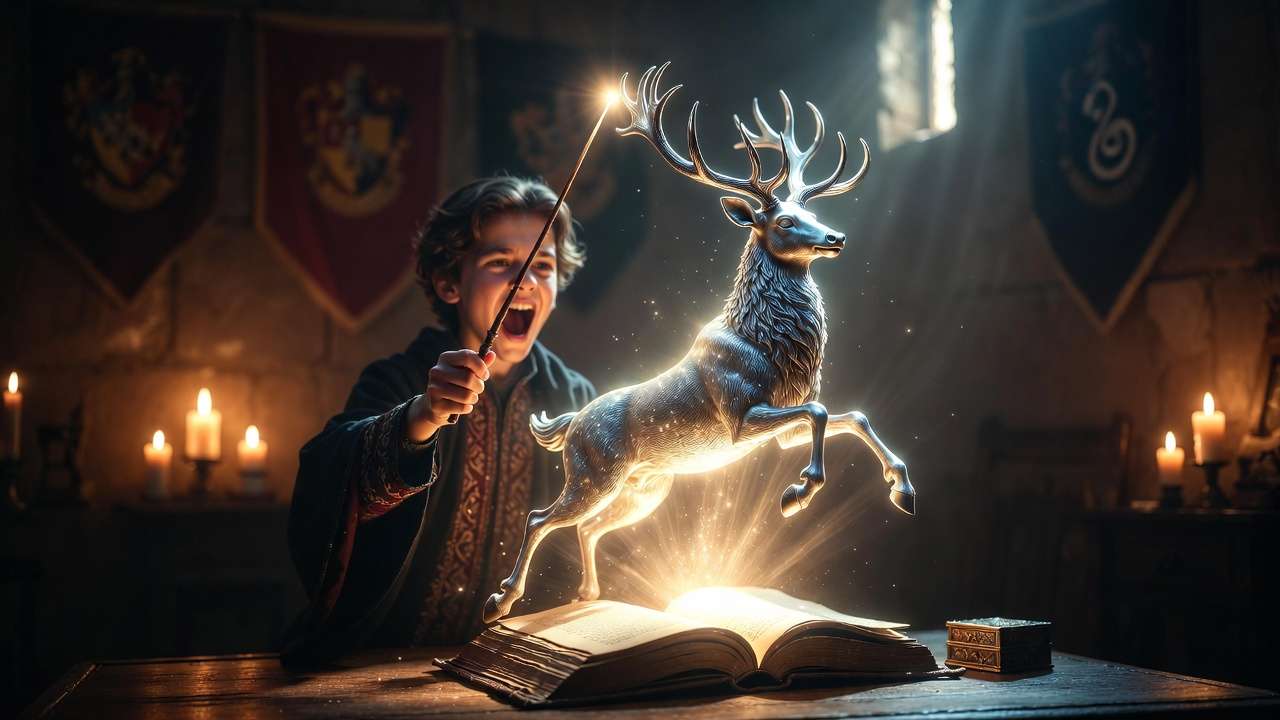 Glowing stag Patronus emerging from Harry Potter book in magical room with house banners.