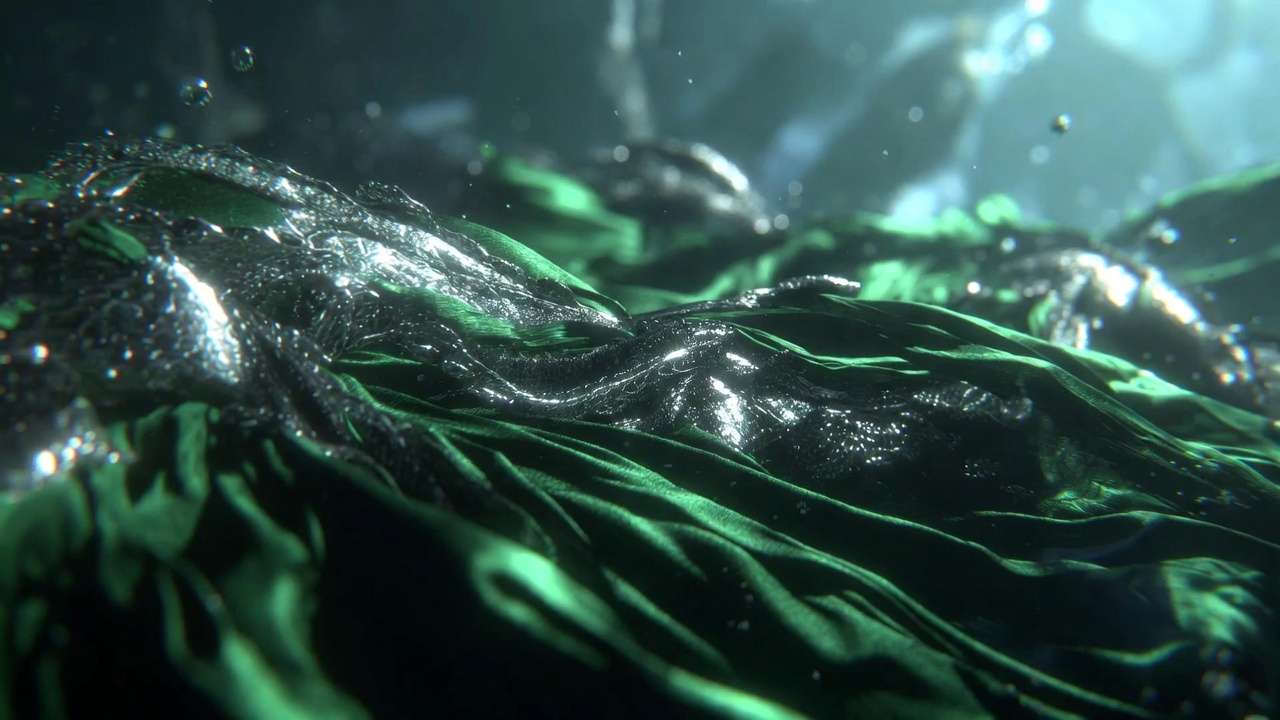 Emerald green and silver Slytherin-inspired flowing fabric with watery reflections