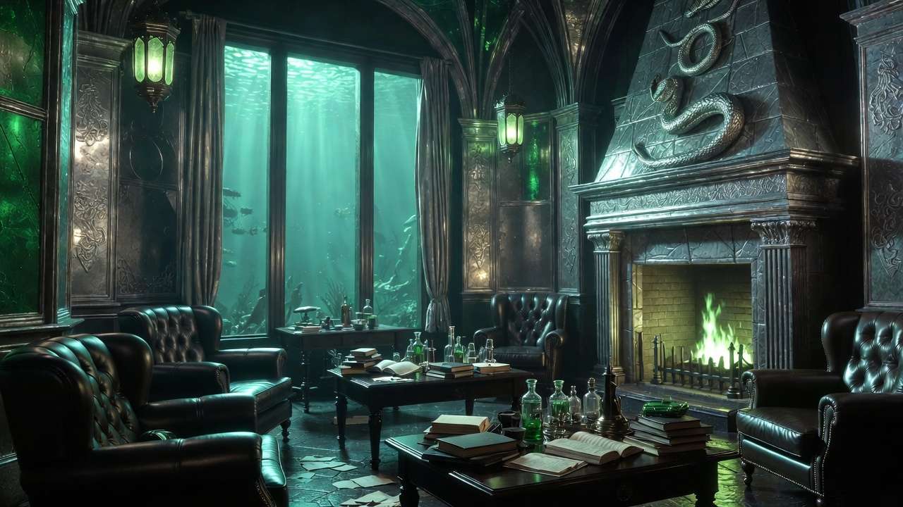 Slytherin common room interior with green and silver tones, underwater windows and snake motifs in Hogwarts