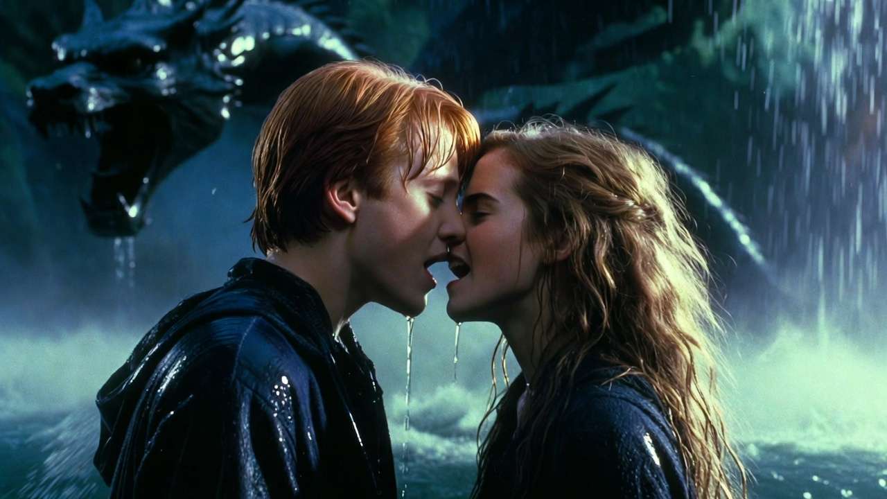 Ron and Hermione movie kiss Deathly Hallows Part 2 Chamber of Secrets water flood passionate moment