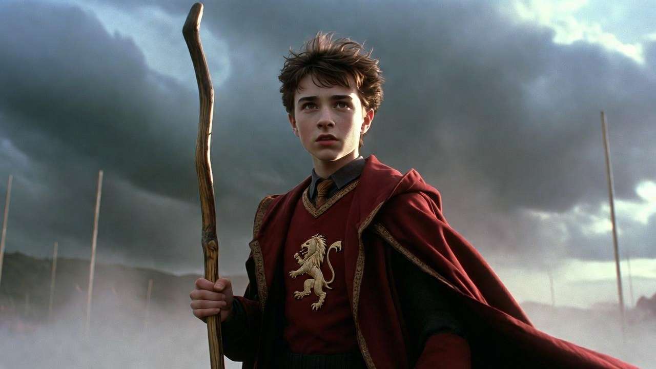 Sean Biggerstaff as Oliver Wood in Gryffindor Quidditch robes on the Hogwarts pitch