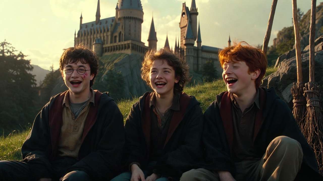 Daniel Radcliffe, Emma Watson, and Rupert Grint as the golden trio sharing a happy moment on the Hogwarts grounds