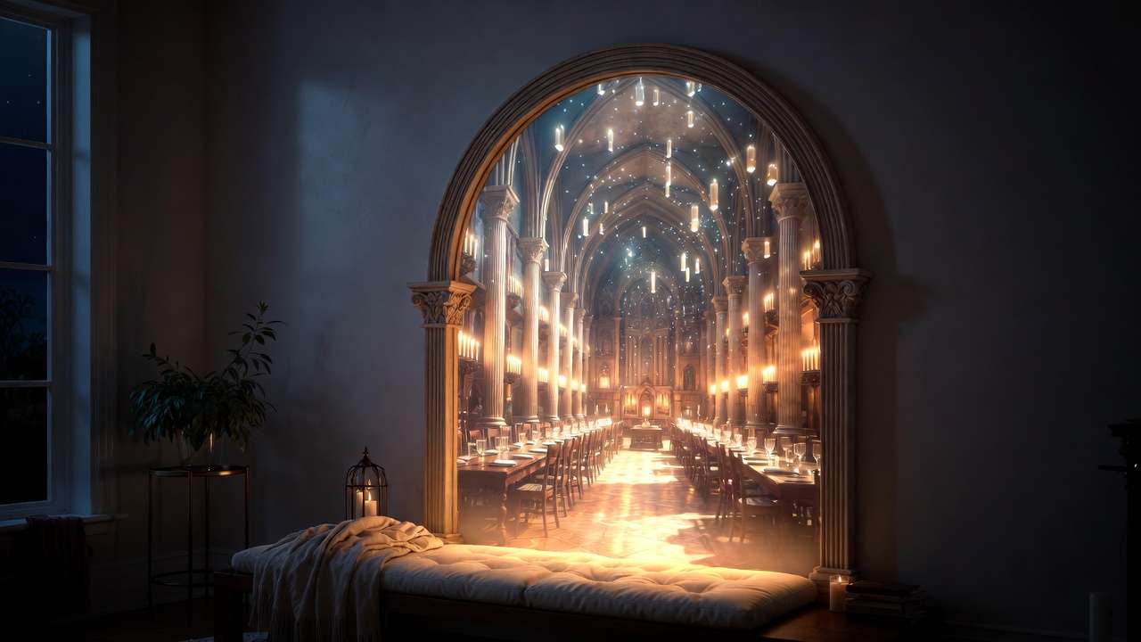 Pottery Barn Harry Potter lit mirror installed in living room with Great Hall hologram glowing at night.