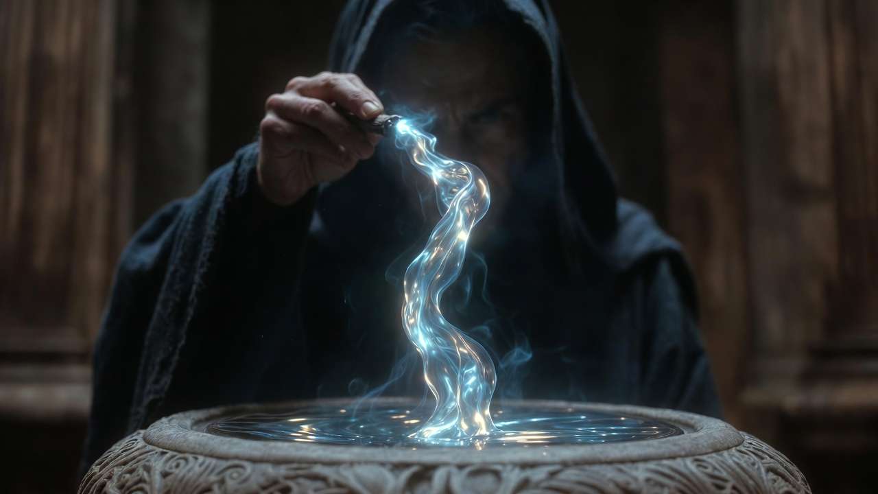 Wizard extracting silvery memory thread with wand into the Pensieve