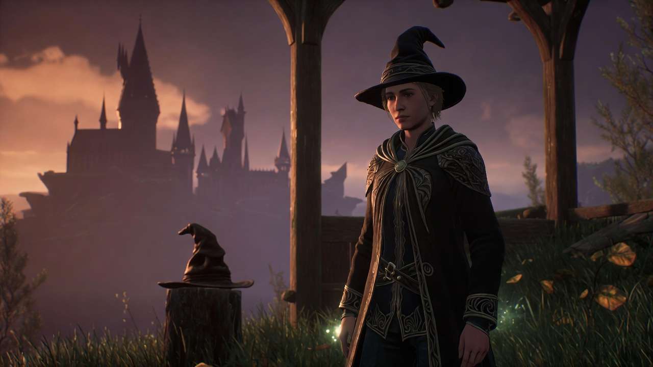 Wizard contemplating house choice with Hogwarts castle at twilight in Hogwarts Legacy