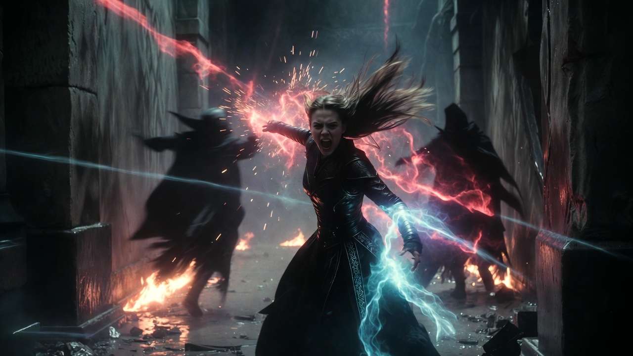 Female Auror in intense magical duel against Dark wizards