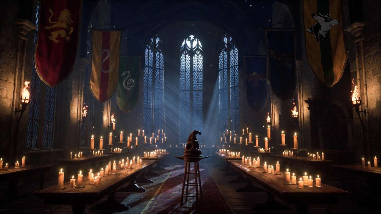 Hogwarts Legacy Great Hall with Sorting Hat on stool and house banners