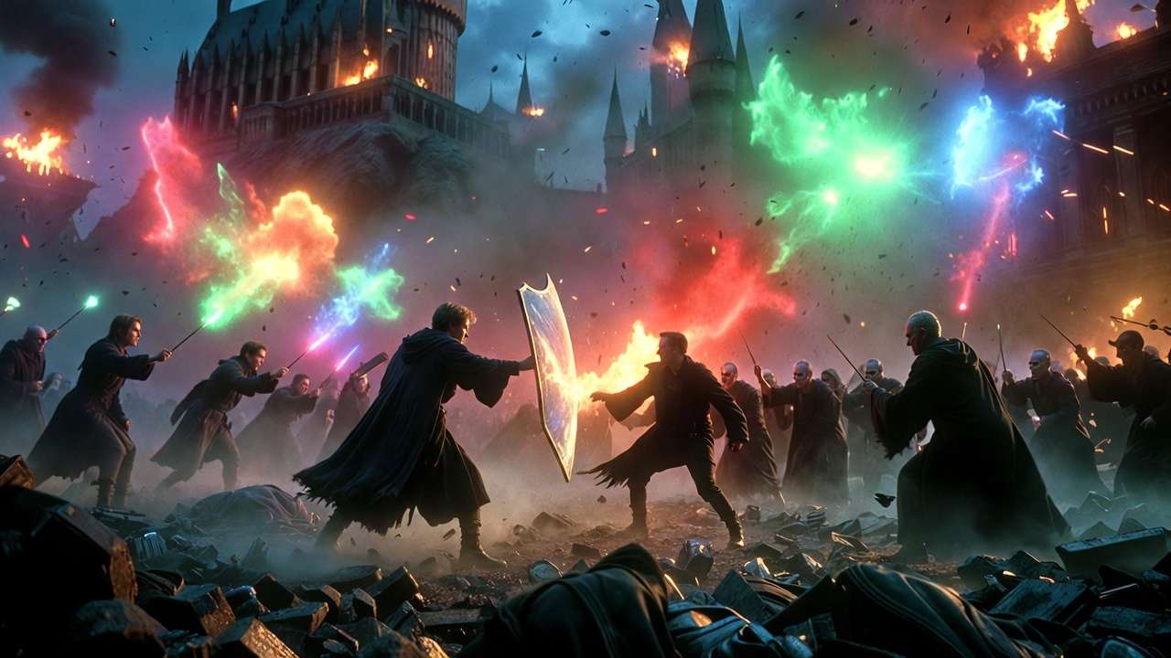 Aurors fighting in the dramatic Battle of Hogwarts
