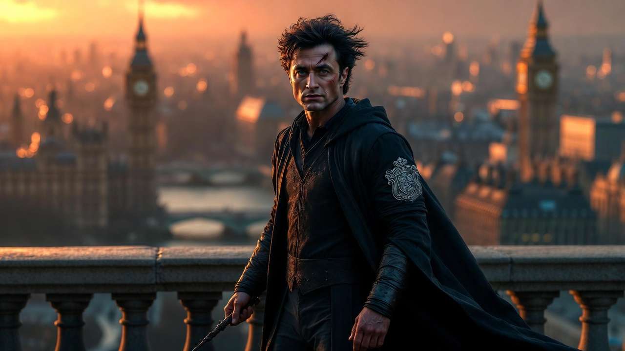 Harry Potter as Head of the Auror Office overlooking magical London