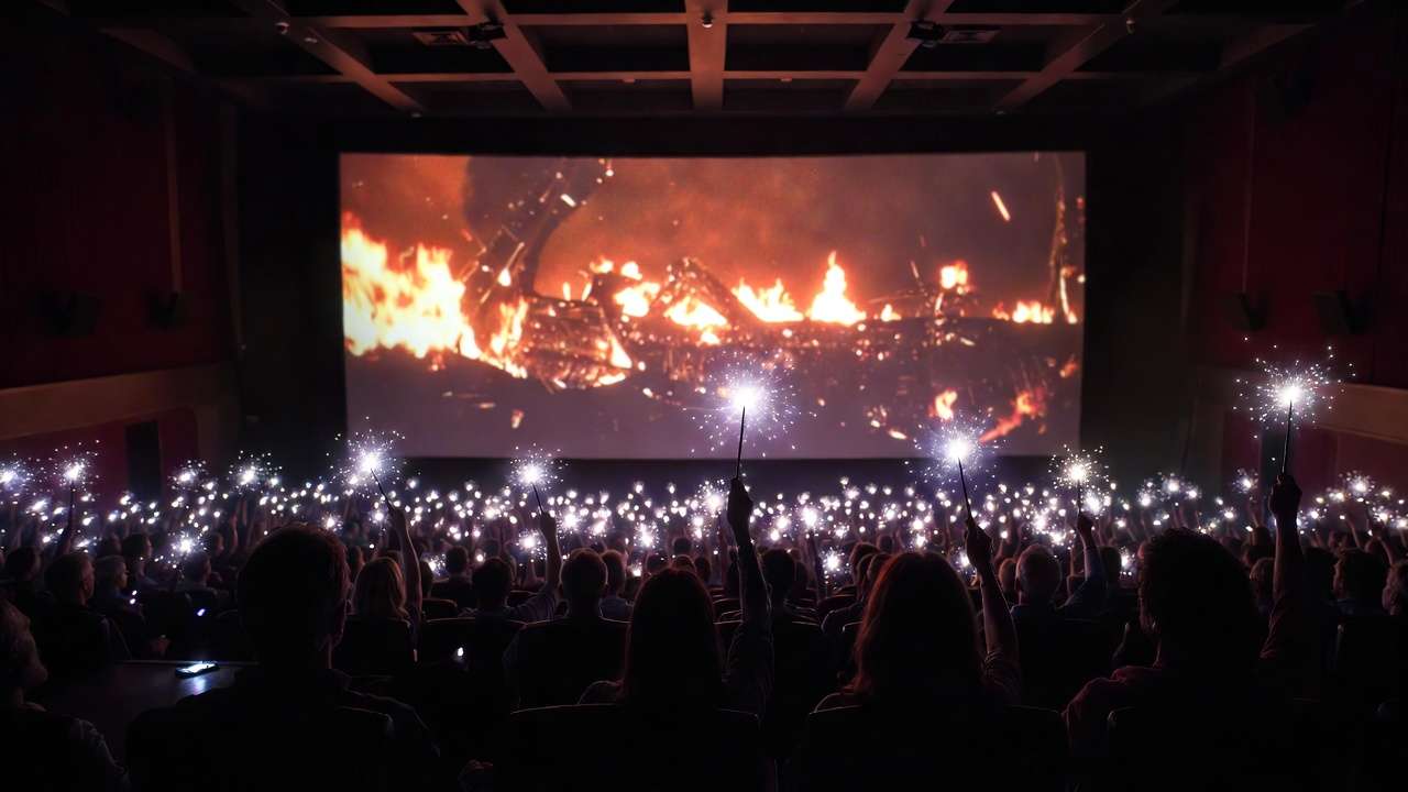 Theater full of fans raising glowing wands during emotional Harry Potter big-screen moment in 2026