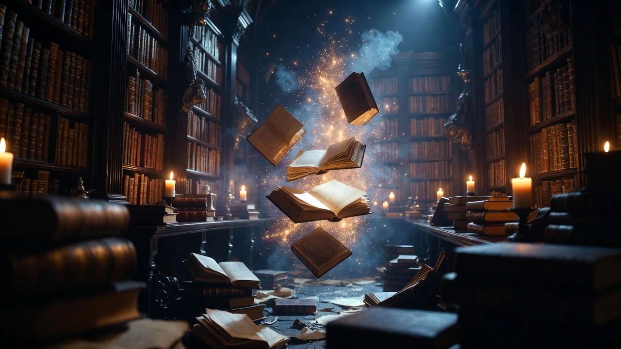 Magical floating books and candlelight evoking exclusive behind-the-scenes Harry Potter anniversary content