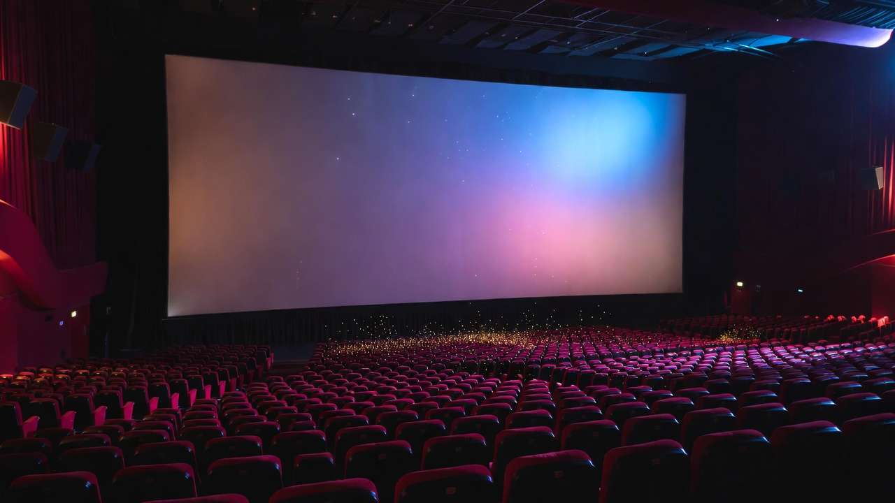 Grand empty cinema theater screen ready for Harry Potter 2026 anniversary screenings