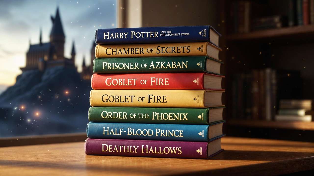 Stack of all seven Harry Potter books on a library shelf with magical glow