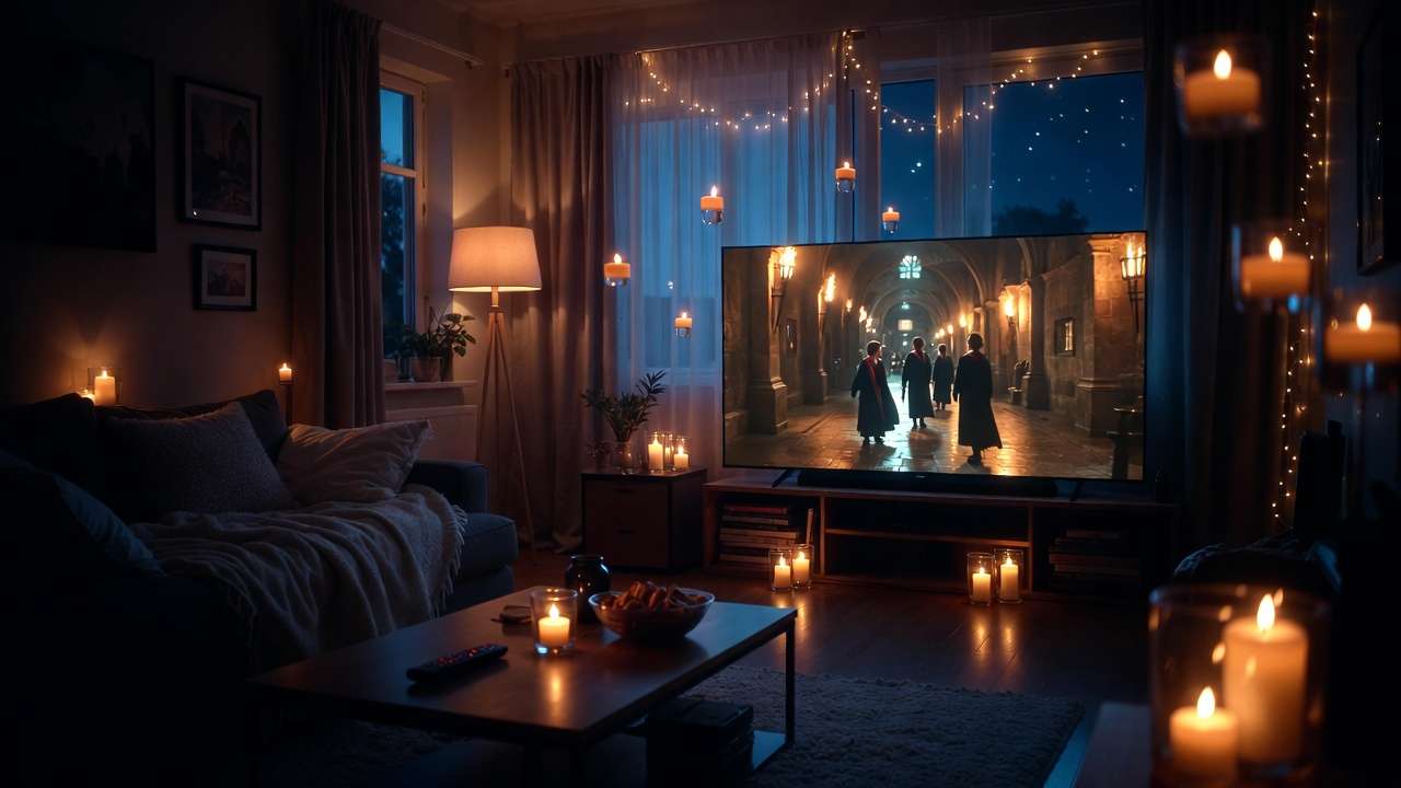 Cozy home setup for streaming Harry Potter movies legally on TV with magical lighting